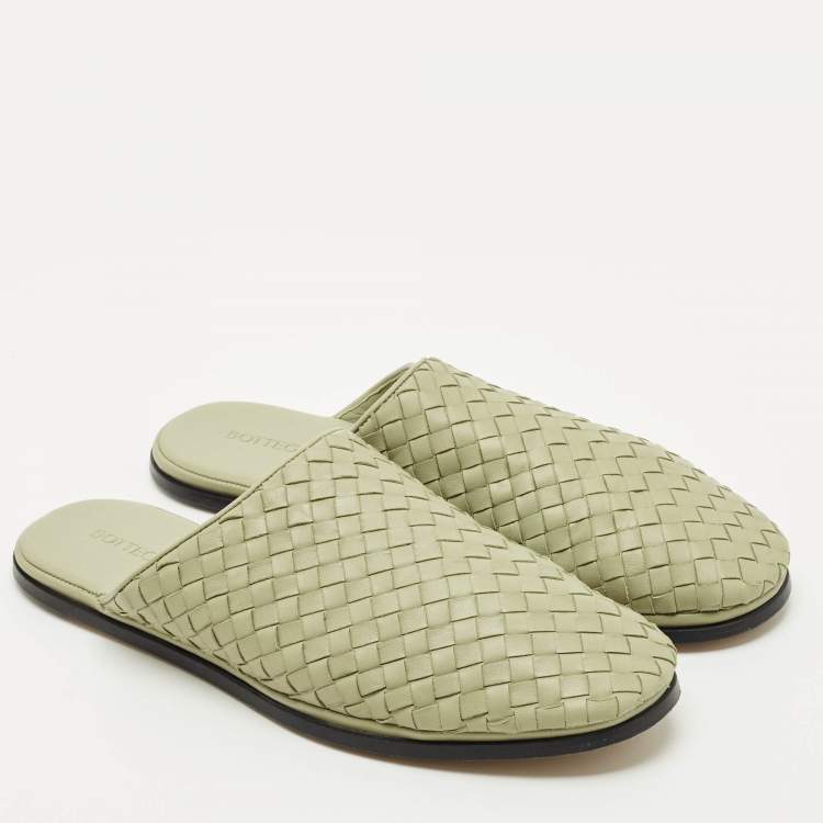 Pre Owned Bottega Veneta Green Leather Intrecciato Flat Mules Size 41