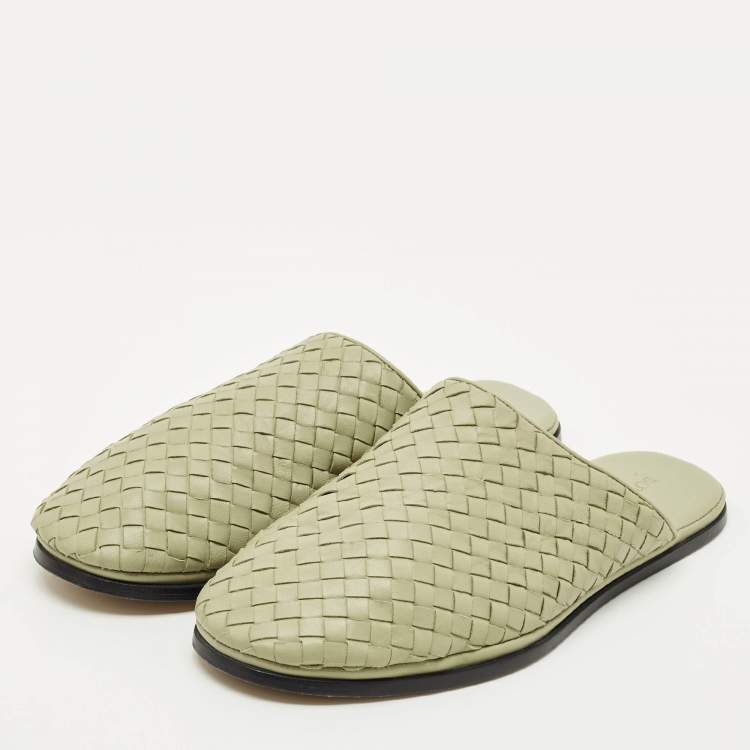Pre Owned Bottega Veneta Green Leather Intrecciato Flat Mules Size 41