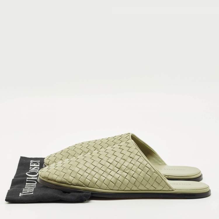 Pre Owned Bottega Veneta Green Leather Intrecciato Flat Mules Size 41
