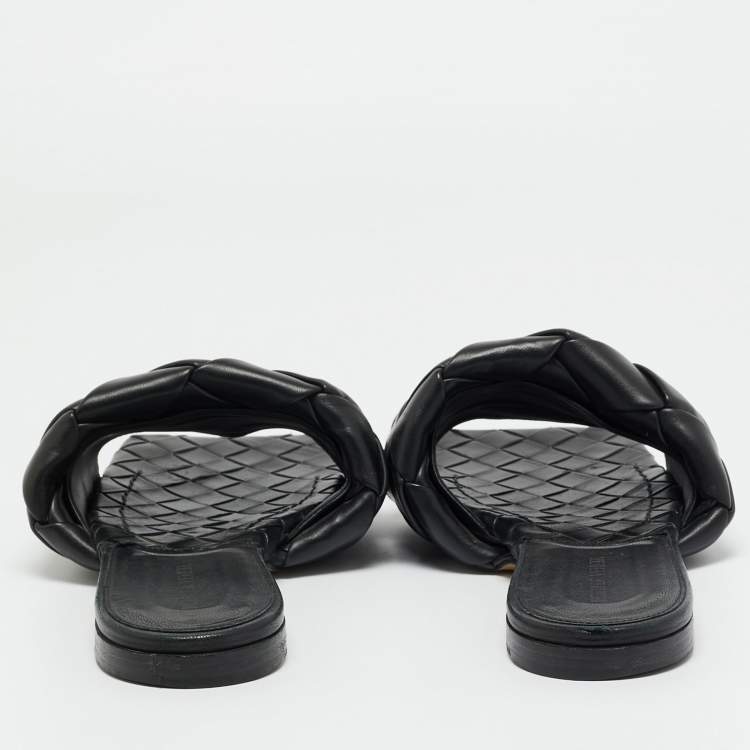 Pre Owned Bottega Veneta Black Woven Leather Flat Slides Size 42