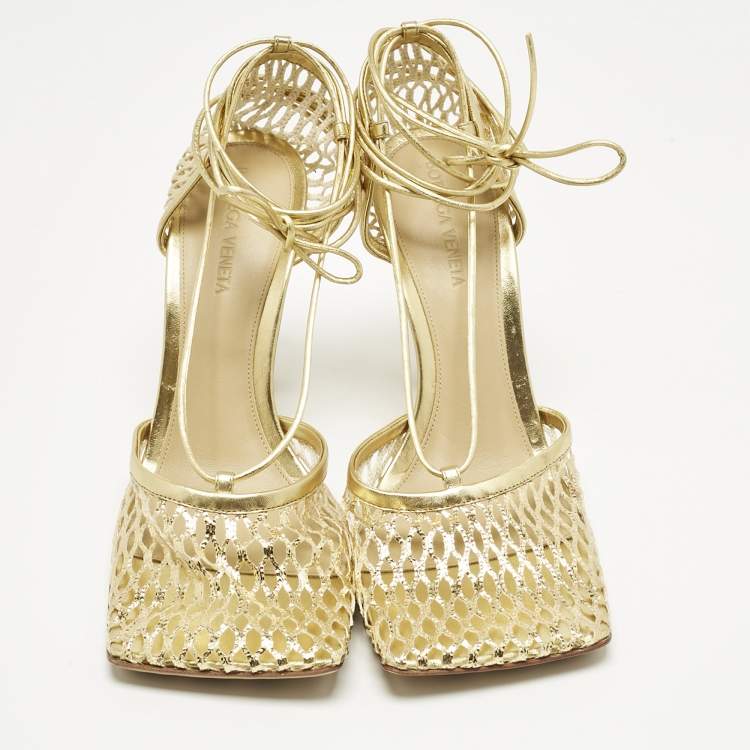 Pre Owned Bottega Veneta Gold Knit Fabric and Leather Stretch Wrap Pumps Size 39