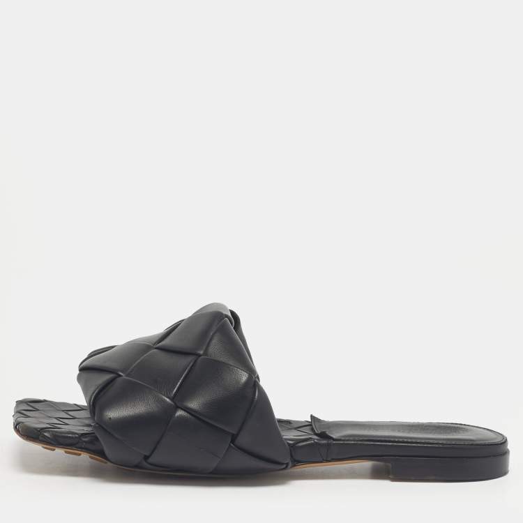 Pre Owned Bottega Veneta Black Woven Leather Lido Flat Slide Size 37.5