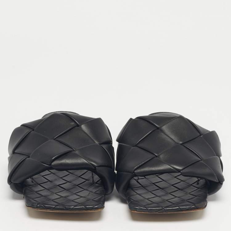 Pre Owned Bottega Veneta Black Woven Leather Lido Flat Slide Size 37.5