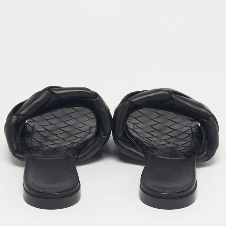 Pre Owned Bottega Veneta Black Woven Leather Lido Flat Slide Size 37.5