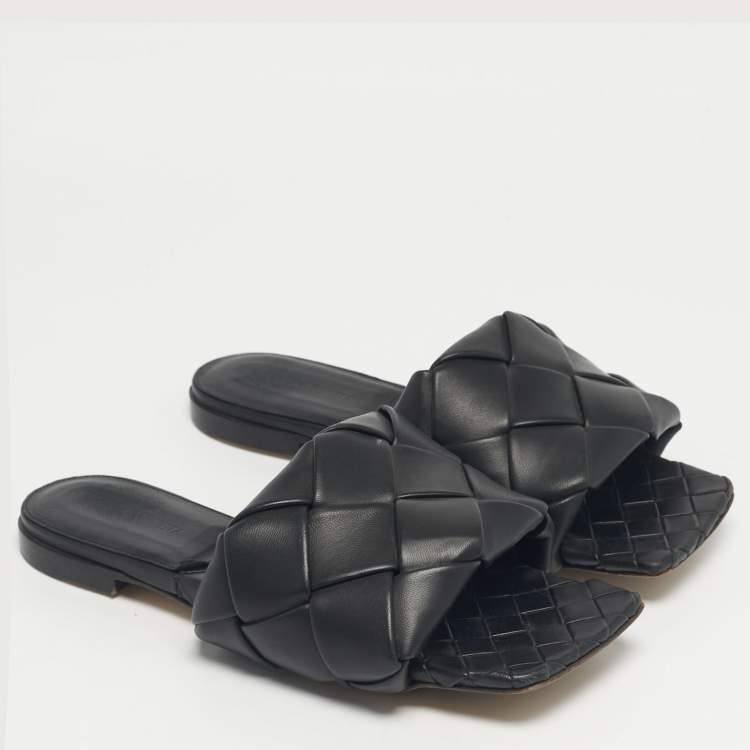 Pre Owned Bottega Veneta Black Woven Leather Lido Flat Slide Size 37.5