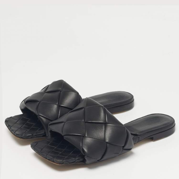Pre Owned Bottega Veneta Black Woven Leather Lido Flat Slide Size 37.5