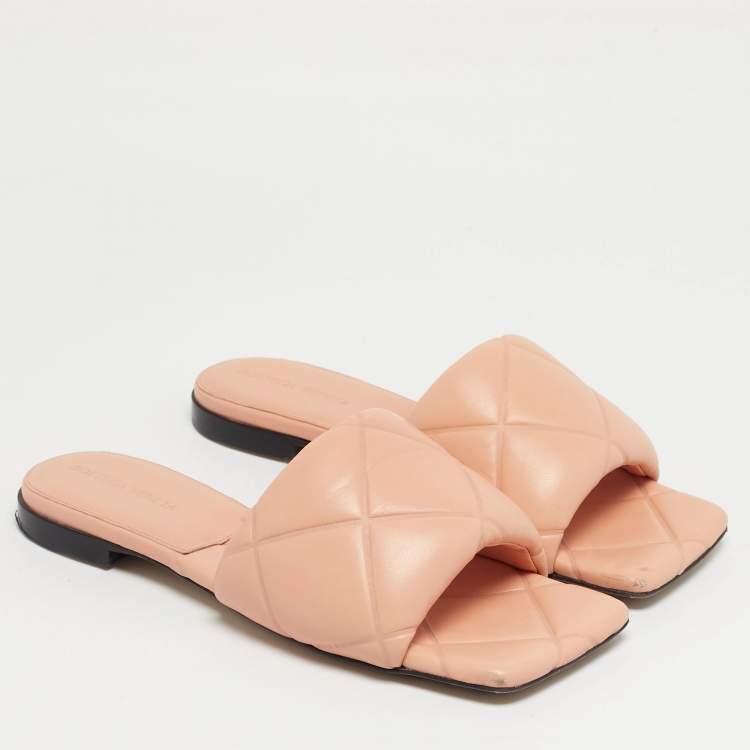 Pre Owned Bottega Veneta Orange Quilted Leather Lido Flat Slides Size 37