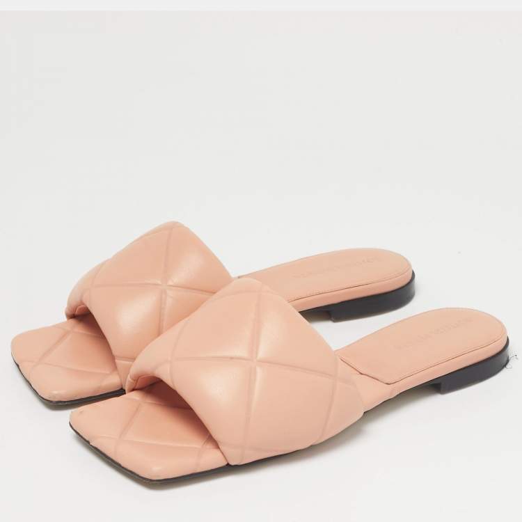 Pre Owned Bottega Veneta Orange Quilted Leather Lido Flat Slides Size 37