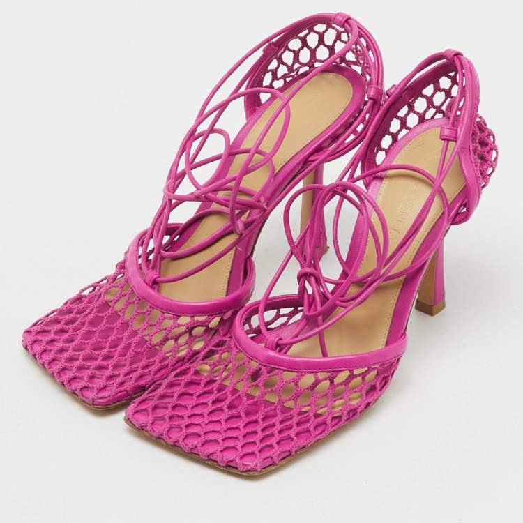 Pre Owned Bottega Veneta Pink Leather and Stretch Mesh Wrap Around Pumps Size 35.5