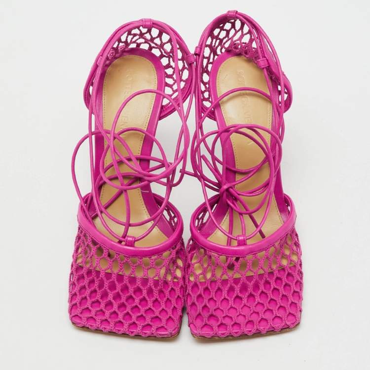 Pre Owned Bottega Veneta Pink Leather and Stretch Mesh Wrap Around Pumps Size 35.5