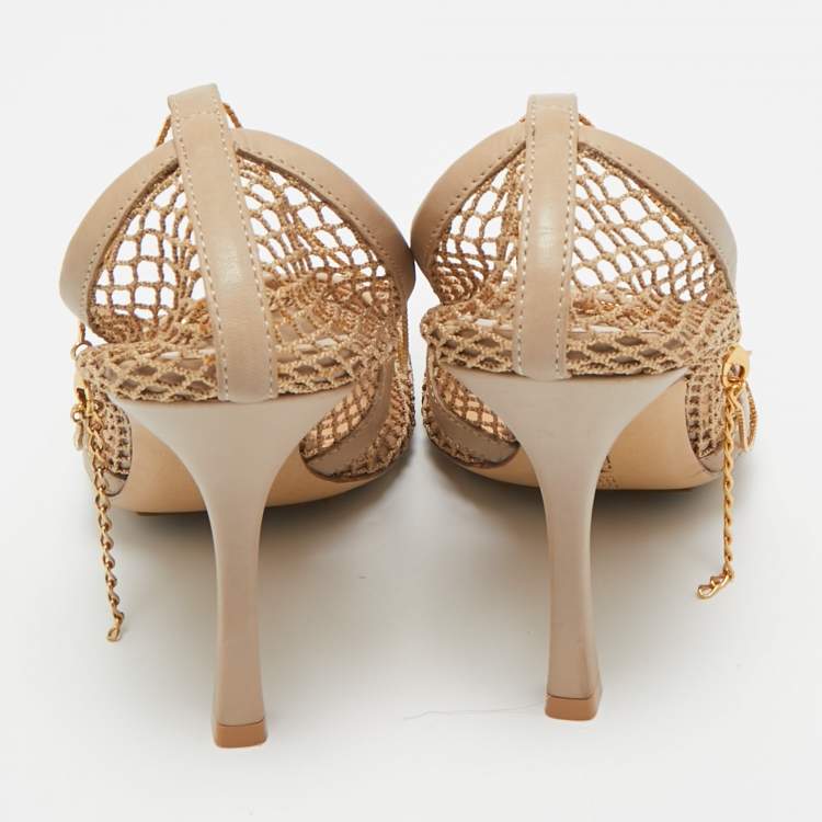مملوكة مسبقًا Bottega Veneta Beige Mesh and Leather Chain Stretch Pumps Size 38