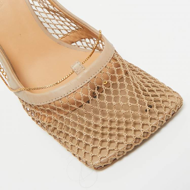 مملوكة مسبقًا Bottega Veneta Beige Mesh and Leather Chain Stretch Pumps Size 38