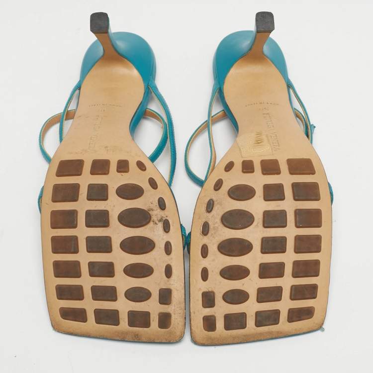 Pre Owned Bottega Veneta Blue Leather Stretch Ankle Strap Sandals Size 39