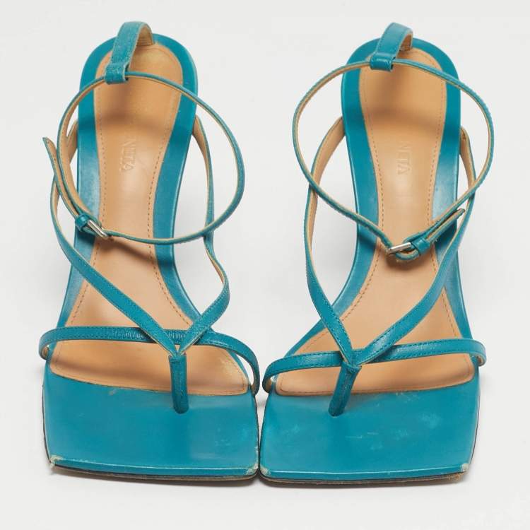 Pre Owned Bottega Veneta Blue Leather Stretch Ankle Strap Sandals Size 39