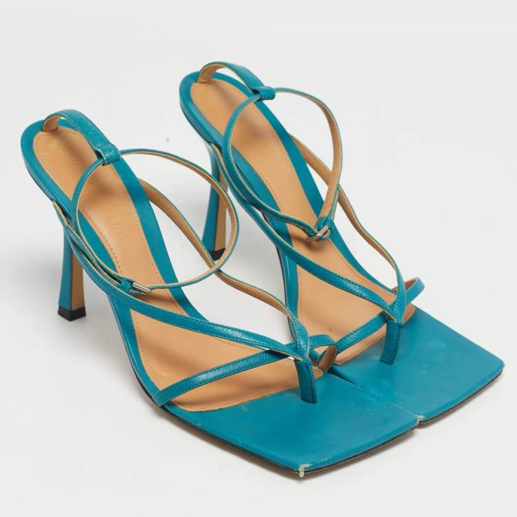 Pre Owned Bottega Veneta Blue Leather Stretch Ankle Strap Sandals Size 39