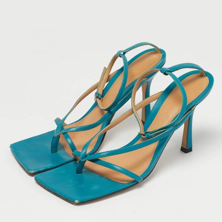 Pre Owned Bottega Veneta Blue Leather Stretch Ankle Strap Sandals Size 39