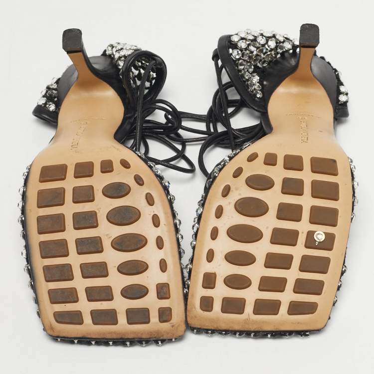 Pre Owned Bottega Veneta Black Leather and Stretch Mesh Wrap Around Pumps Size 38