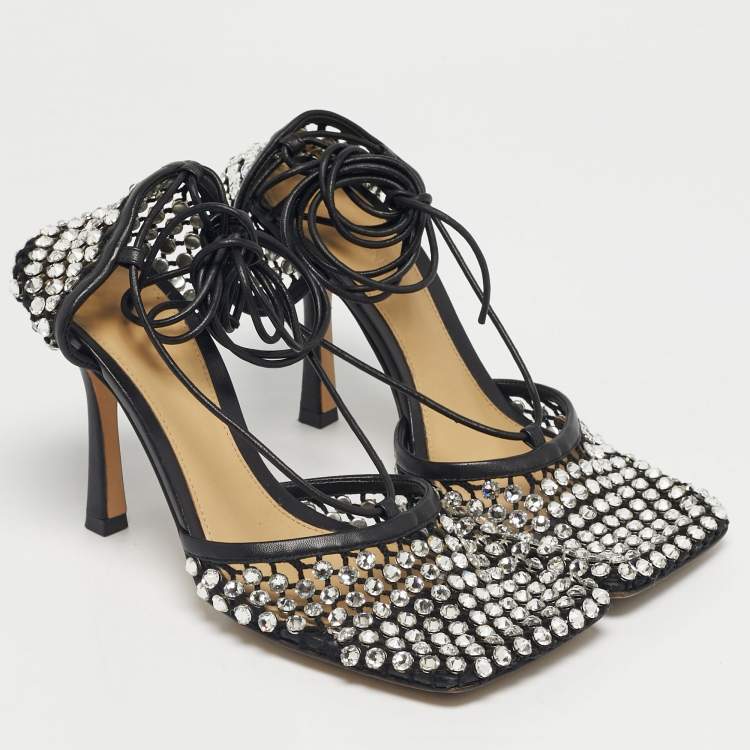 Pre Owned Bottega Veneta Black Leather and Stretch Mesh Wrap Around Pumps Size 38