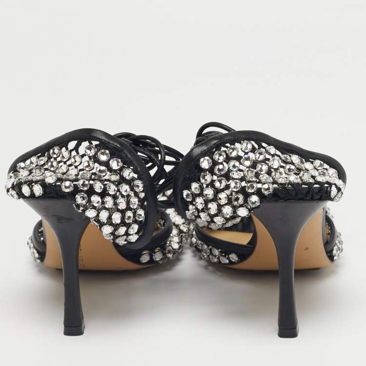 Pre Owned Bottega Veneta Black Leather and Stretch Mesh Wrap Around Pumps Size 38