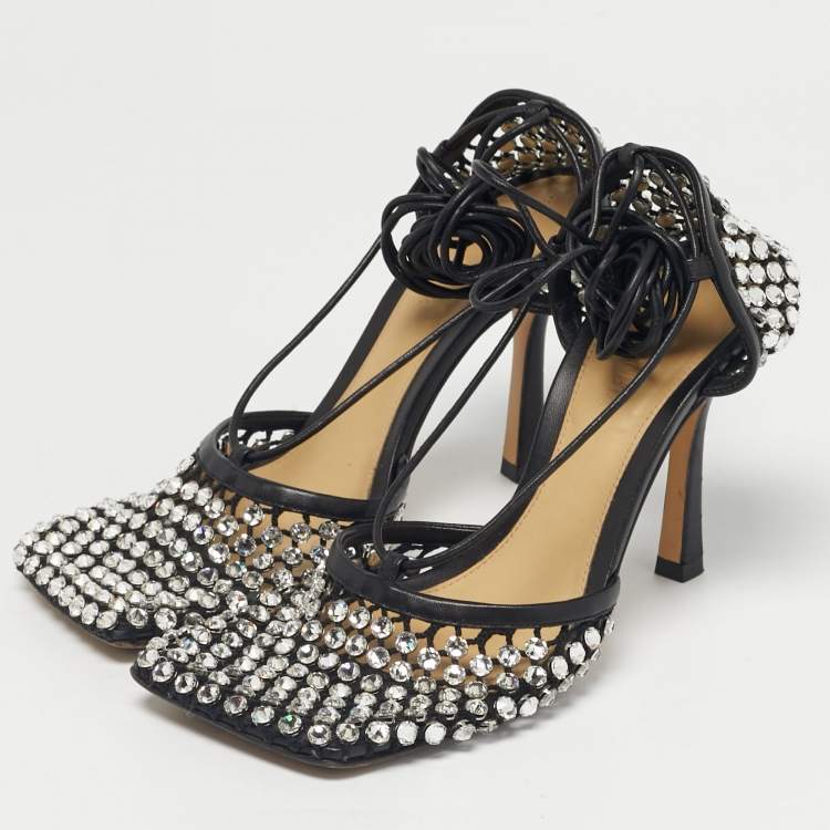 Pre Owned Bottega Veneta Black Leather and Stretch Mesh Wrap Around Pumps Size 38