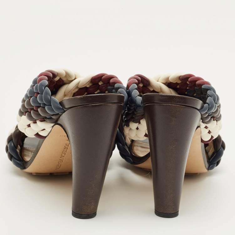 Pre Owned Bottega Veneta Multicolor Woven Leather Slide Sandals Size 39
