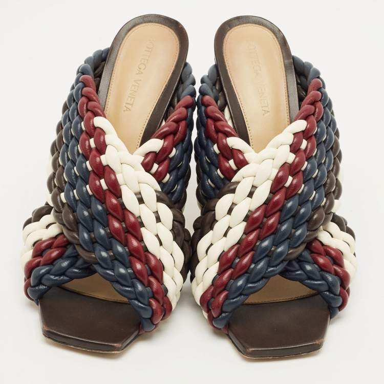 Pre Owned Bottega Veneta Multicolor Woven Leather Slide Sandals Size 39