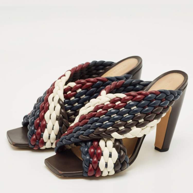 Pre Owned Bottega Veneta Multicolor Woven Leather Slide Sandals Size 39