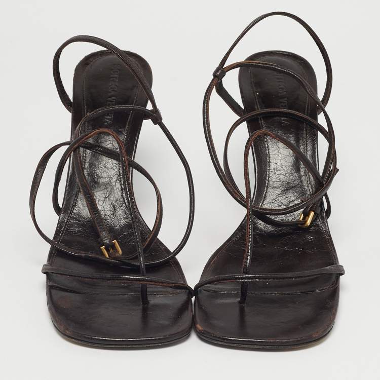 Pre Owned Bottega Veneta Brown Leather Stretch Ankle Strap Sandals Size 41