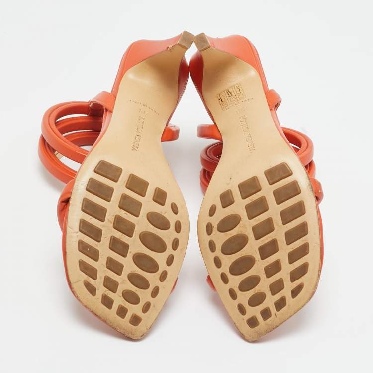 Pre Owned Bottega Veneta Orange Leather Ankle Wrap Sandals Size 36