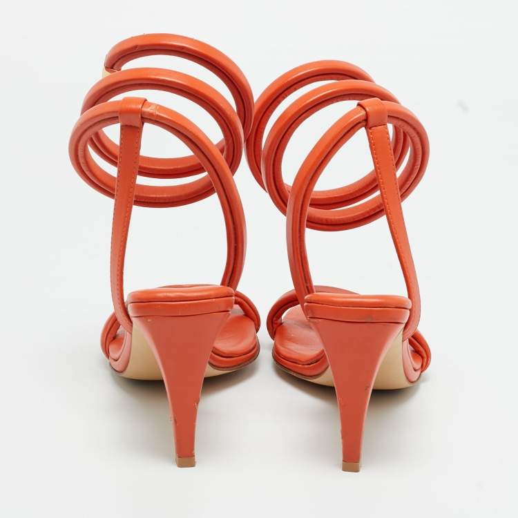 Pre Owned Bottega Veneta Orange Leather Ankle Wrap Sandals Size 36