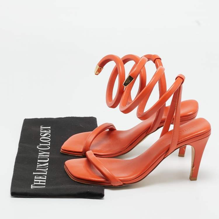 Pre Owned Bottega Veneta Orange Leather Ankle Wrap Sandals Size 36
