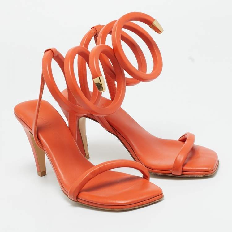 Pre Owned Bottega Veneta Orange Leather Ankle Wrap Sandals Size 36