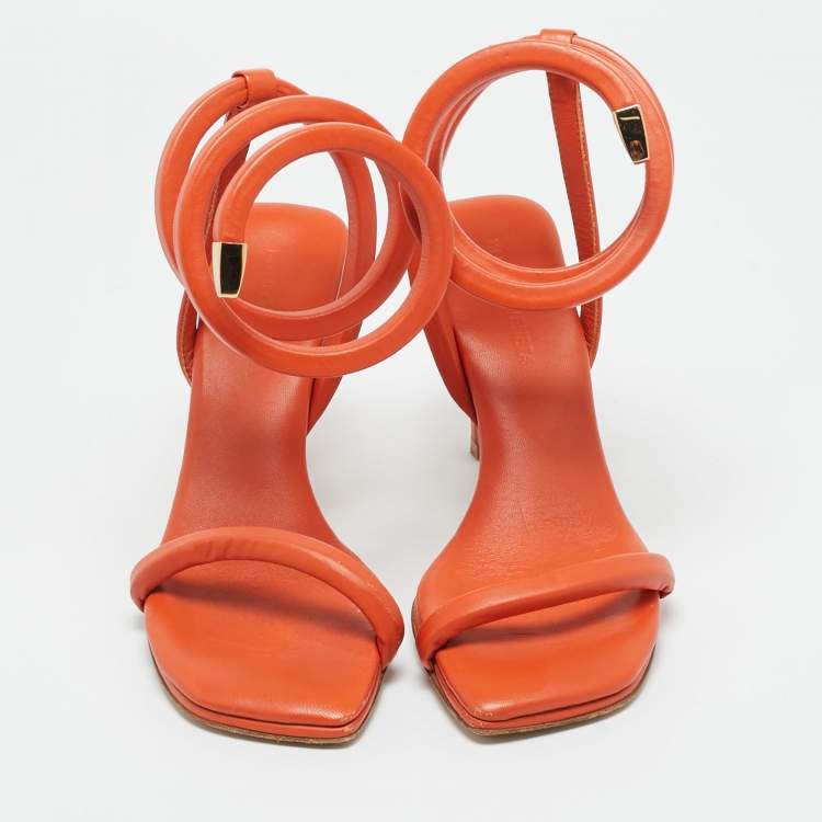 Pre Owned Bottega Veneta Orange Leather Ankle Wrap Sandals Size 36