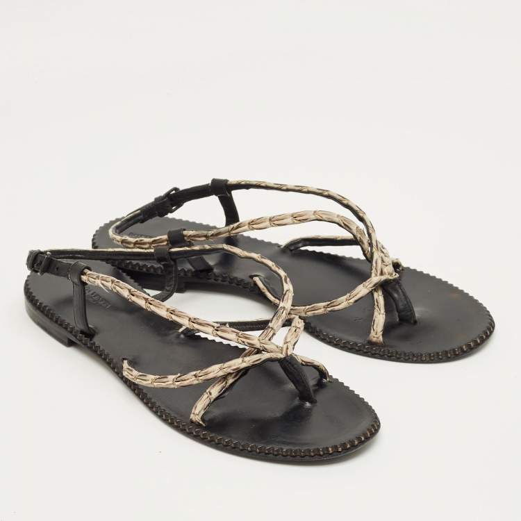 Pre Owned Bottega Veneta White/Black Leather Strappy Thong Sandals Size 41