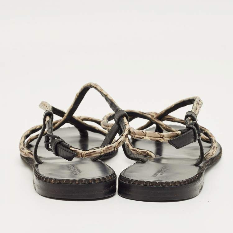 Pre Owned Bottega Veneta White/Black Leather Strappy Thong Sandals Size 41
