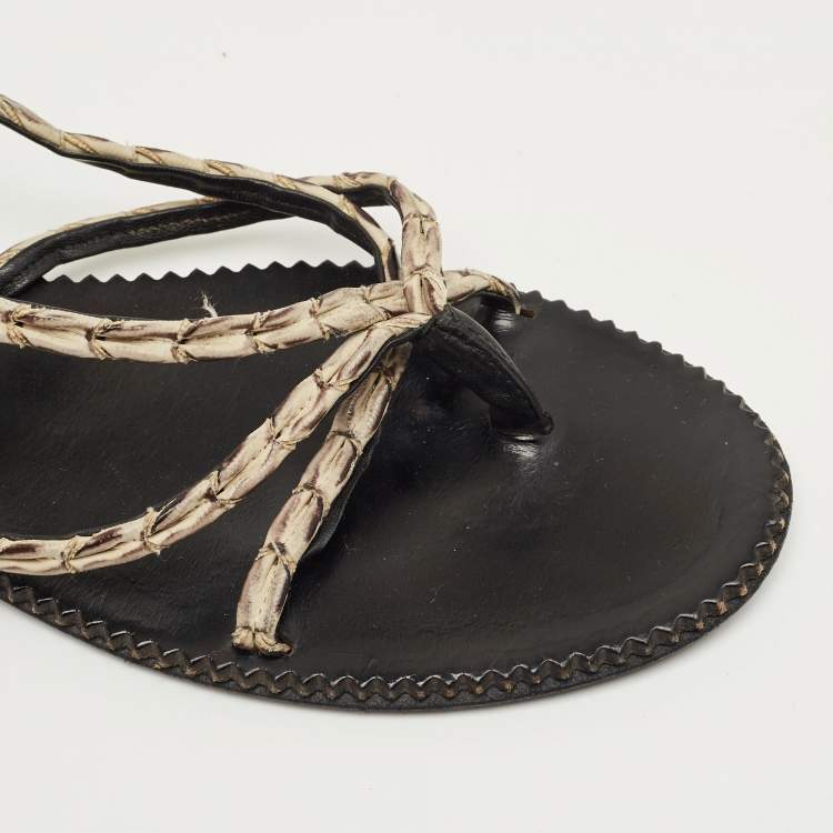 Pre Owned Bottega Veneta White/Black Leather Strappy Thong Sandals Size 41