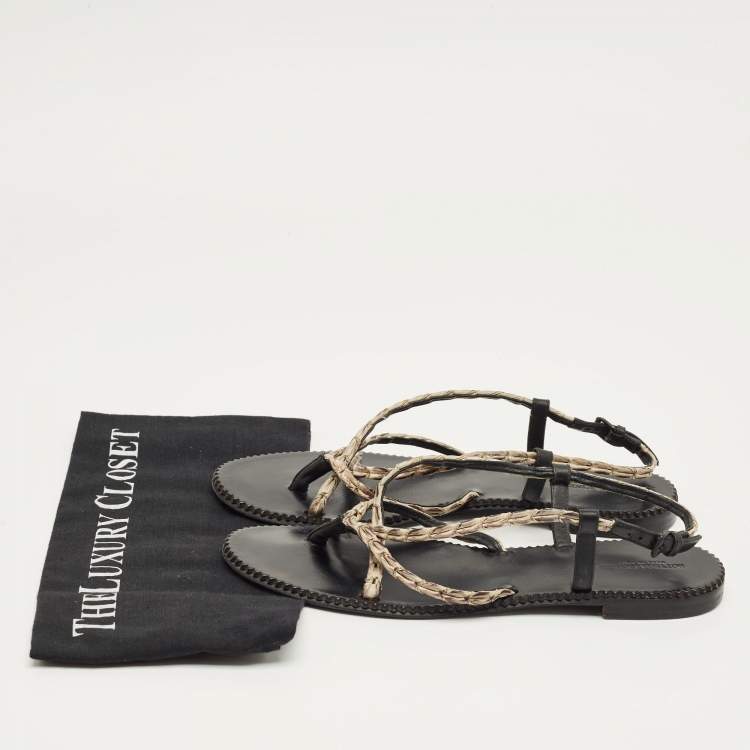 Pre Owned Bottega Veneta White/Black Leather Strappy Thong Sandals Size 41