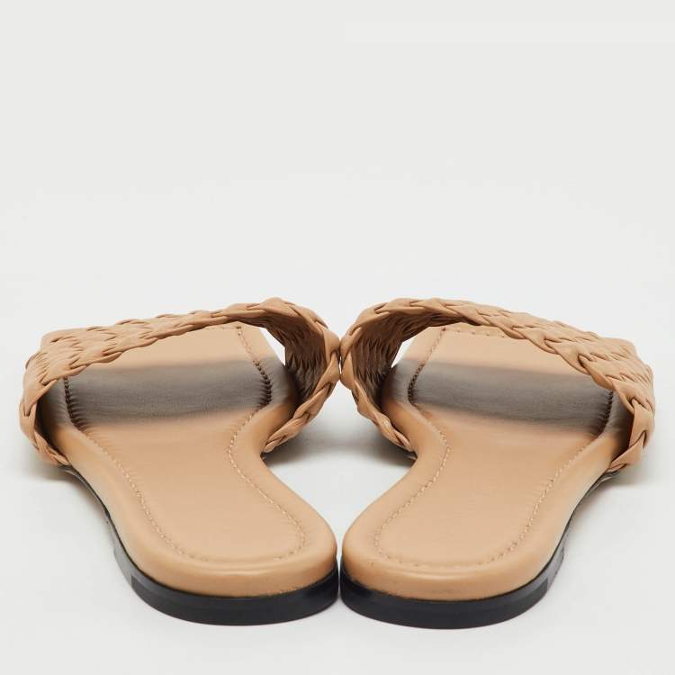 Pre Owned Bottega Veneta Beige Intrecciato Leather Flat Slide Sandals Size 41