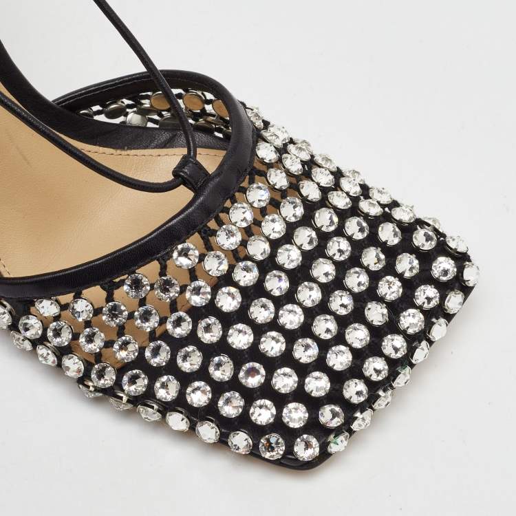 Pre Owned Bottega Veneta Black Leather Sparkle Stretch Ankle Tie Up Sandals Size 36.5