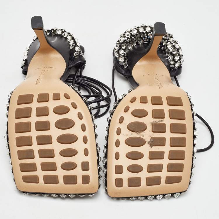 Pre Owned Bottega Veneta Black Leather Sparkle Stretch Ankle Tie Up Sandals Size 36.5