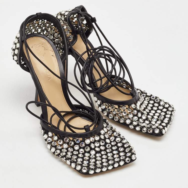 Pre Owned Bottega Veneta Black Leather Sparkle Stretch Ankle Tie Up Sandals Size 36.5