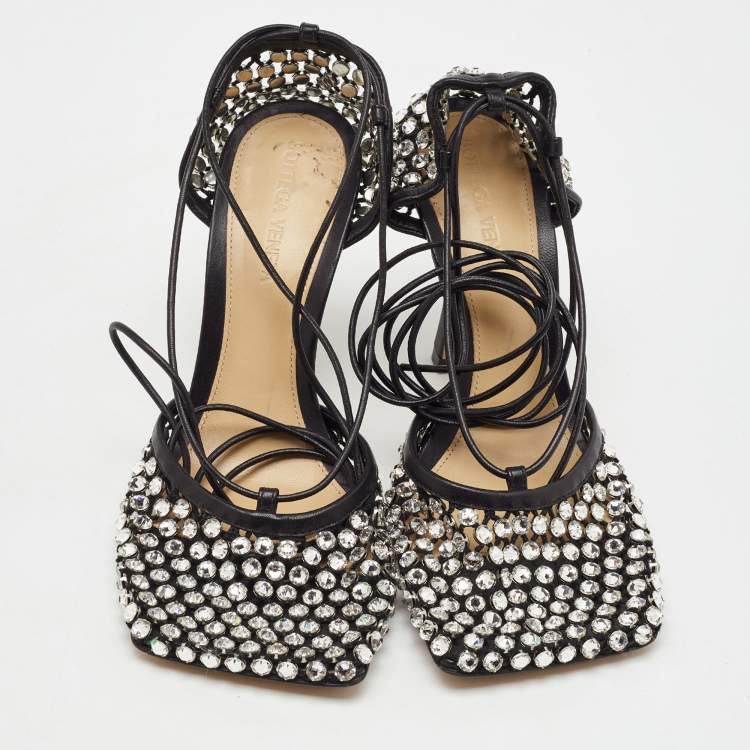 Pre Owned Bottega Veneta Black Leather Sparkle Stretch Ankle Tie Up Sandals Size 36.5