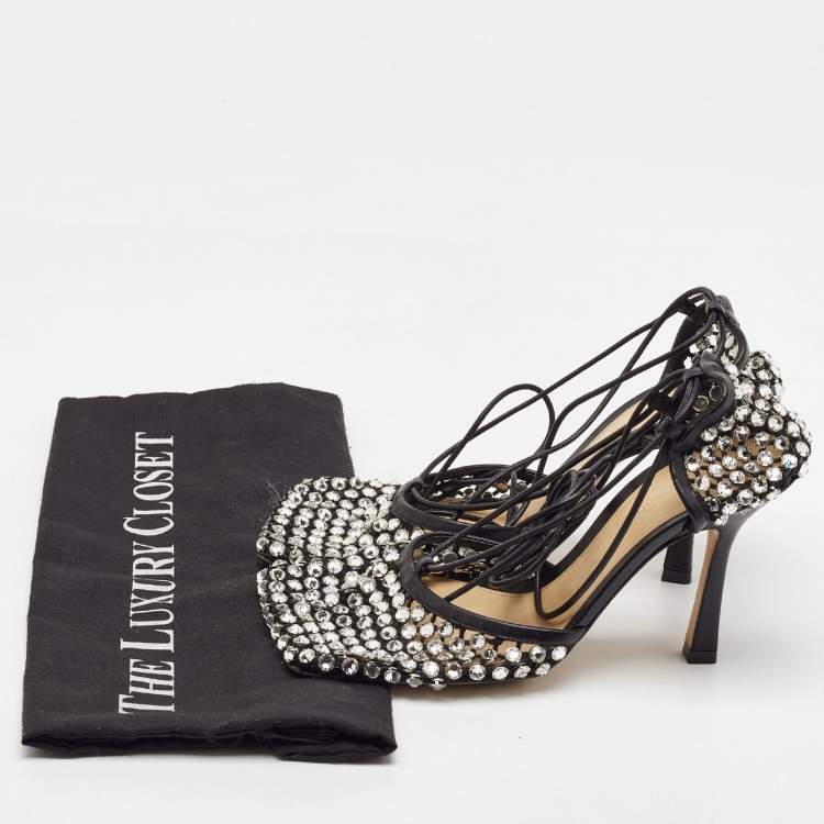 Pre Owned Bottega Veneta Black Leather Sparkle Stretch Ankle Tie Up Sandals Size 36.5