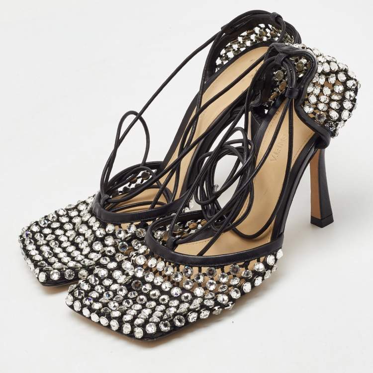 Pre Owned Bottega Veneta Black Leather Sparkle Stretch Ankle Tie Up Sandals Size 36.5