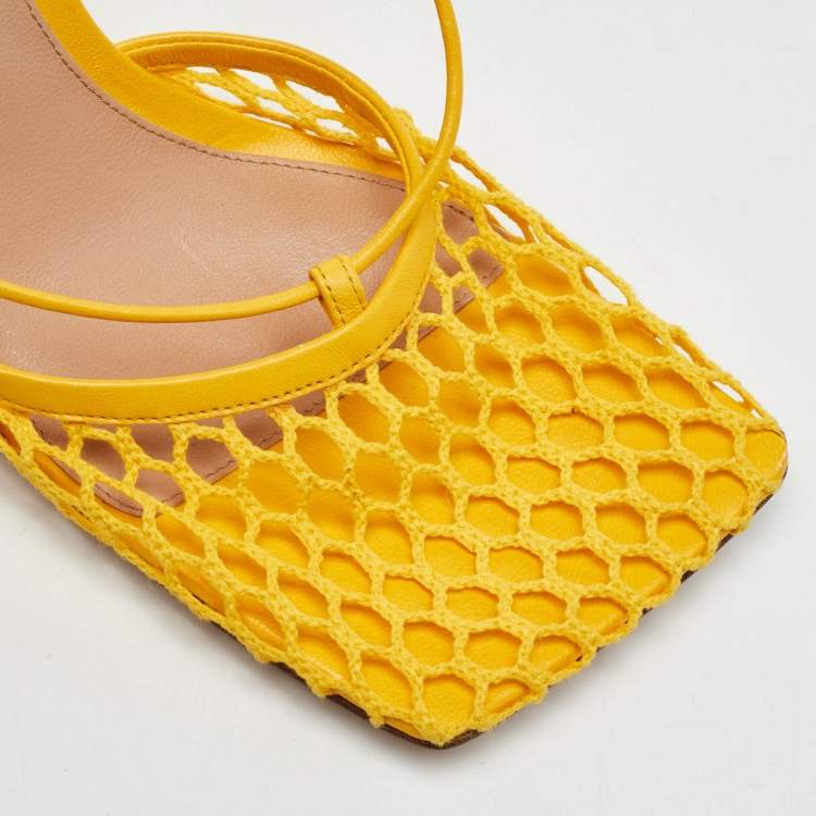 Pre Owned Bottega Veneta Yellow Leather and Mesh Stretch Ankle Tie Up Sandals Size 36