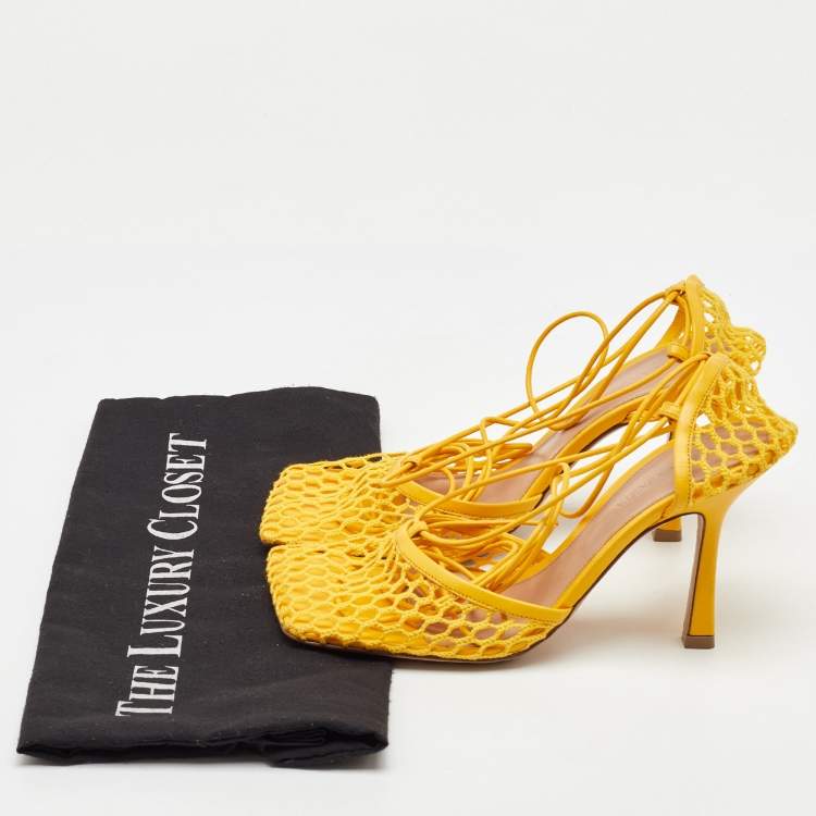 Pre Owned Bottega Veneta Yellow Leather and Mesh Stretch Ankle Tie Up Sandals Size 36