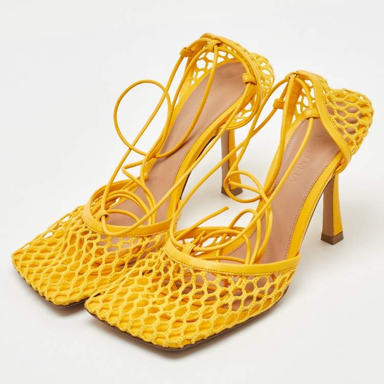Pre Owned Bottega Veneta Yellow Leather and Mesh Stretch Ankle Tie Up Sandals Size 36