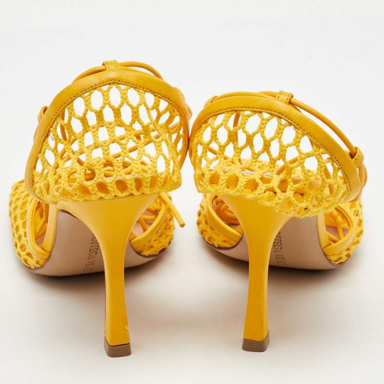 Pre Owned Bottega Veneta Yellow Leather and Mesh Stretch Ankle Tie Up Sandals Size 36
