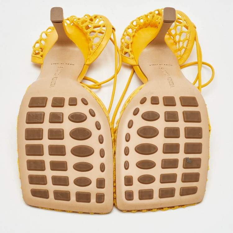 Pre Owned Bottega Veneta Yellow Leather and Mesh Stretch Ankle Tie Up Sandals Size 36