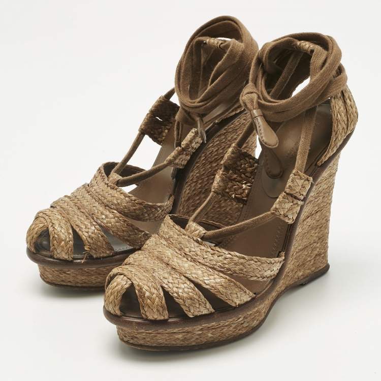 Pre Owned Bottega Veneta Brown Raffia Ankle Wrap Wedge Sandals Size 38